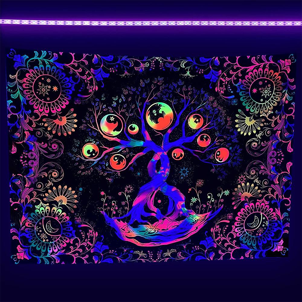 Fluorescent Tapestry UV Night Light Skeleton Lover Tree of Life Fluorescent Tapestry Home Room Hanging Cloth Tapestry