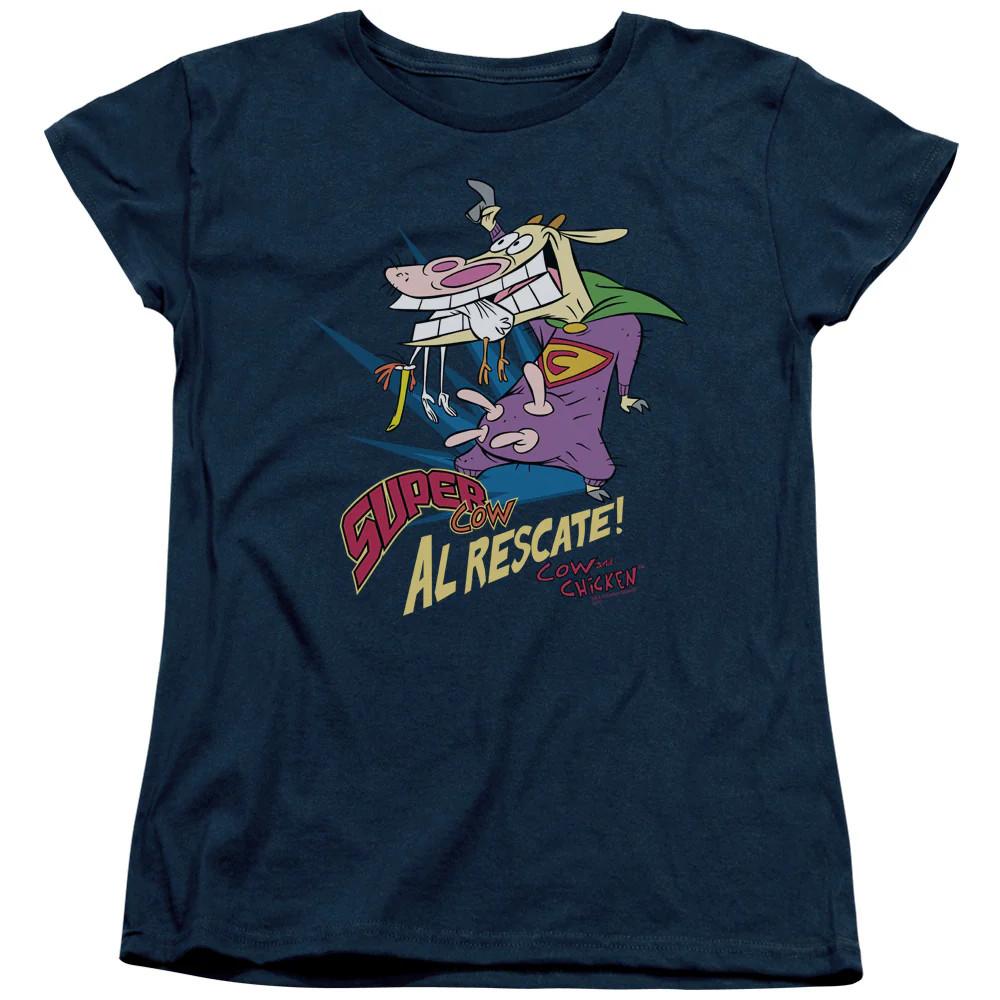 

Cow and Chicken Super Cow Womens T Shirt Navy Blue 4XL