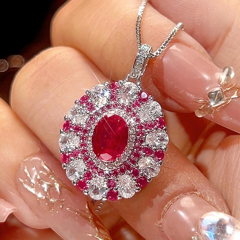 Luxury Oval Cut Ruby Red Sapphire Blue Ring Necklace Adjustable Double Halo Design with Pink Elegant Jewelry Women Party Gift