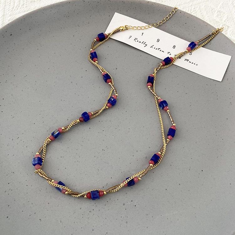 GEMCHIC Women s Blue Square Natural Stone Beaded Necklace Gold Plated Geometric Choker