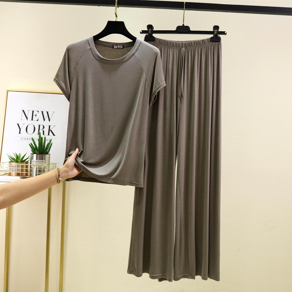 Damen Sommer Freizeit Modal Pyjama Set - Kurzarm T-Shirt & Hose, Übergröße, Bequeme zweiteilige Homewear