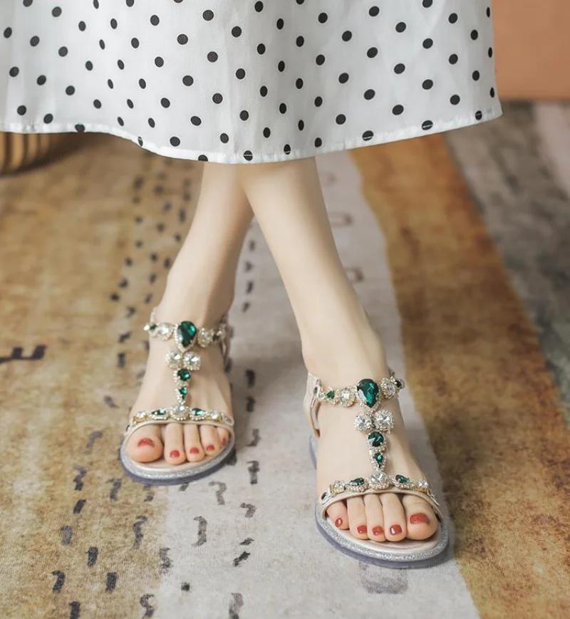 Fashion Flat Summer 2024 Women's Shoes Rhinestones Beach Footwear Sandals for Woman with Medium Heels Open Toe Wedges Heel Daily Korea F