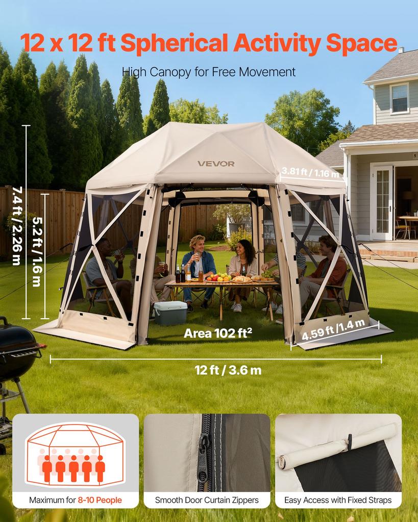 VEVOR Pop up Gazebo Screen Tent, 3.6x3.6 m, 13-Sided Spherical Camping Canopy Tent with Removable Top & Carry Bag, Quick-Set & Bite-Proof