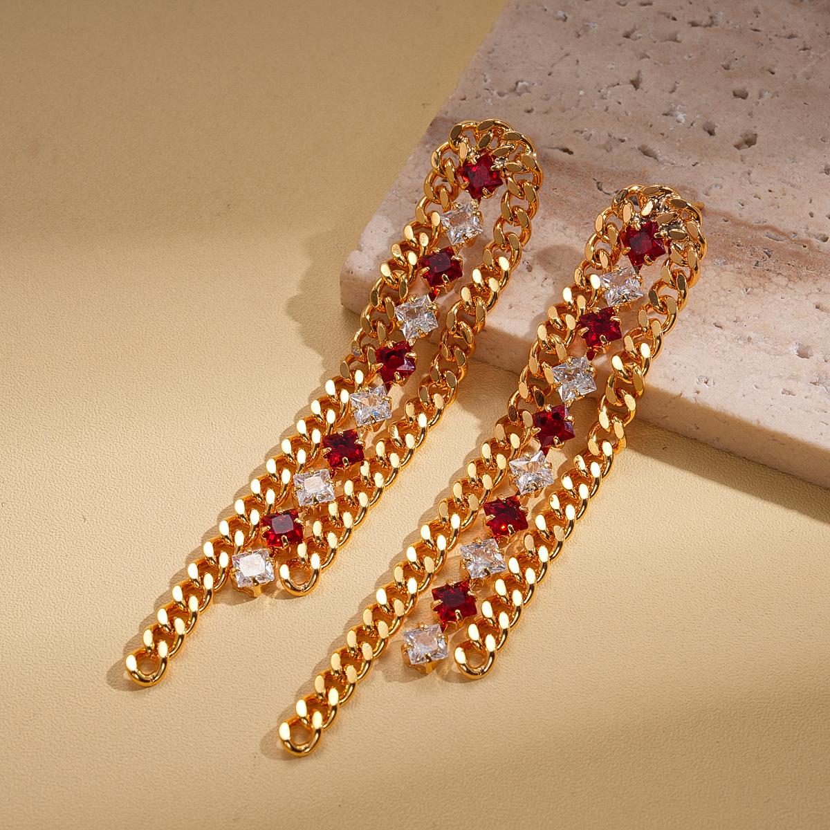 18k real gold electroplating European and American light luxury style zircon rhombus fringed silver needle earrings court style retro premium earrings