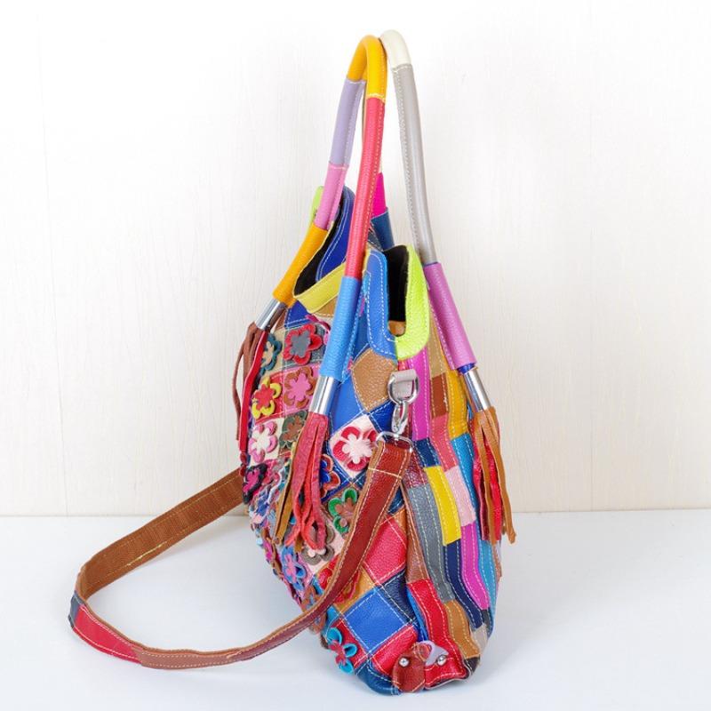 Leather Women's Bag Colorful Contrast Color Handmade Flower Personality Women's Single Shoulder Crossbody Cowhide Bag