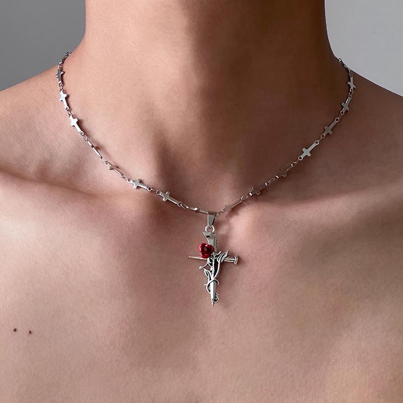 Punk Gothic Red Rose Vine Cross Pendant Necklace for Women Men Vintage Rock Cool Silver Color Cross Chain Party Jewelry Gifts