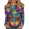 3D Mardi Gras Mask Printed Top Casual Long Sleeved Women's T-shirts - Soft Medium Stretch Polyester Fabric Spring and Autumn Relaxed Fit Clothing