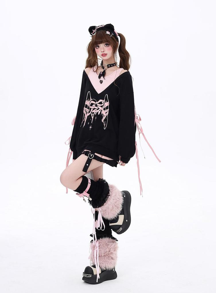 TOWYYO Hoodie mit Band und Lang Perfekt für und Herbst Damen Harajuku-inspiriert Schulterfrei Träger, Ärmel, Print, Y2k, Niedlich, V-Ausschnitt,