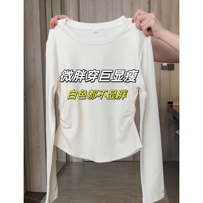 Crew neck front shoulder bottoming shirt women's waist pleated top spring irregular inner design long-sleeved shirt