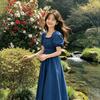 Retro Square Neck Bubble Sleeve Skirt New Year's Model Summer Thin Long Dress Skinny and High Temperament Dress Women