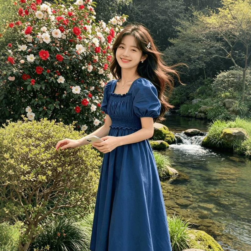 Retro Square Neck Bubble Sleeve Skirt New Year's Model Summer Thin Long Dress Skinny and High Temperament Dress Women