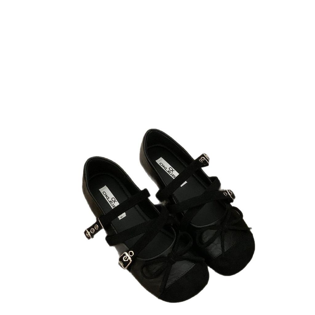 Korean Version of Round Head Suede Splicing Double Row One-word Belt Ladyshoes Women's 2025 New Autumn Versatile Flat Bottom Shallow Mouth Single Shoe