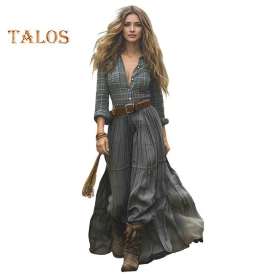 

Женское клетчатое макси-платье с длинным рукавом, рубашка на пуговицах, длинное платье, повседневное платье А-силуэта с V-образным вырезом на весну-лето XL зелёный