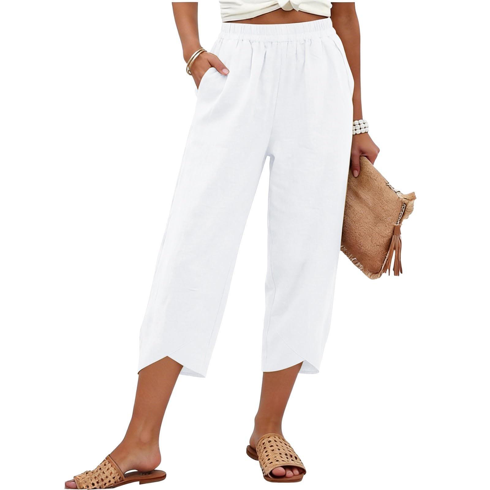 

Women s Casual -Color Cotton-Linen Cropped Trousers With Crossed Cuffs M белый
