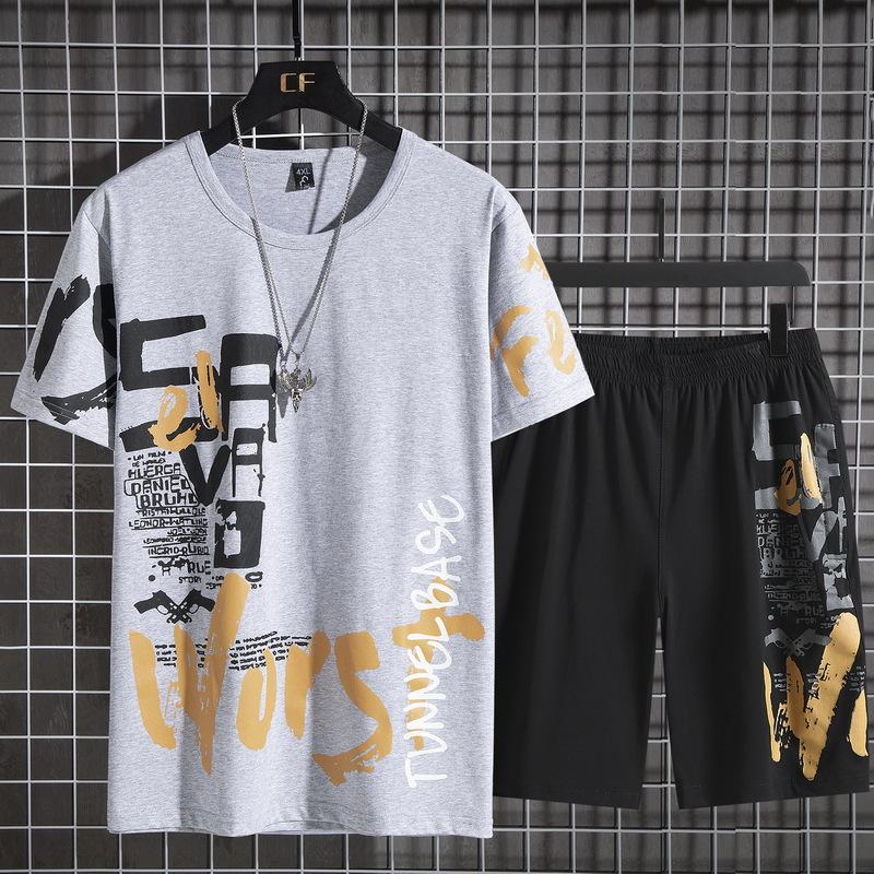 Summer Short-sleeved Not Hooded Black Casual Shorts Thin Sports Suit Fat Round Neck Plus Size