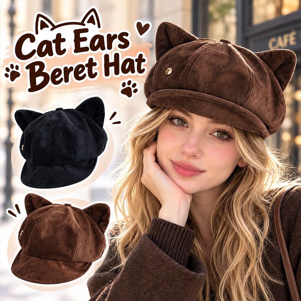 Soft Fabric Cat Ears Hat Solid Color Octagonal Hat Vintage Newsboy Cap Autumn Winter