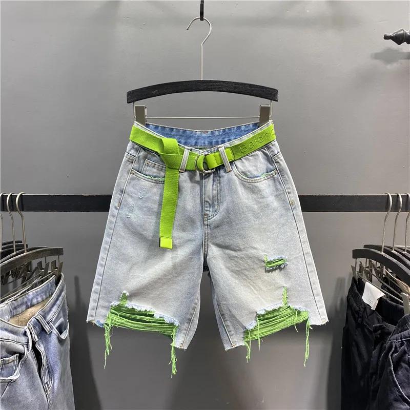 Dámské džínové šortky Letní perlová diamantová dekorace Syrový okraj Krátké džíny Šik Vysoký pas Volné Rovné Džínové šortky