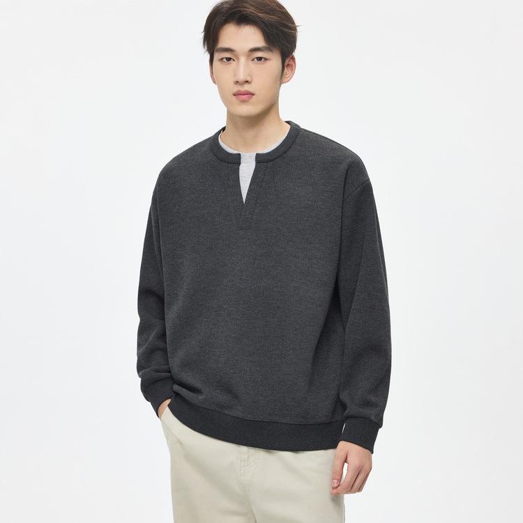 Men s Heavyweight Faux Two-Piece Henley Collar Sweatshirt in Grey, Mulberry Silk Wool, 2025 Autumn/Winter Collection 2XL темно серый