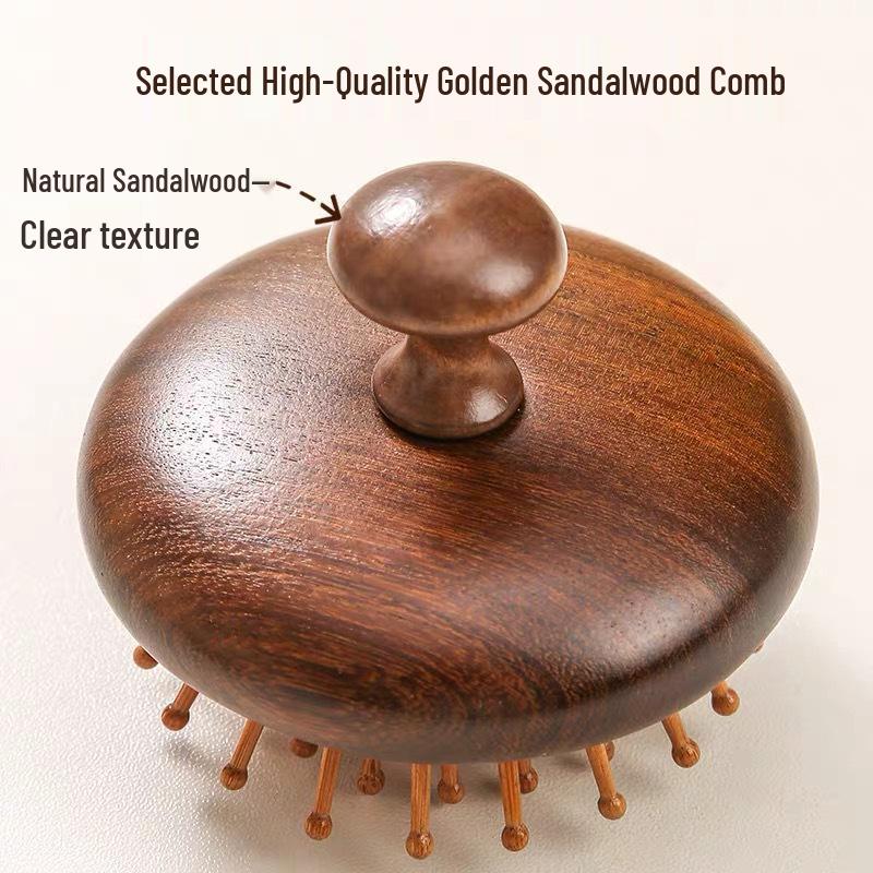Golden Silk Sandalwood Round Massage Comb for Scalp Therapy and Hair Straightening