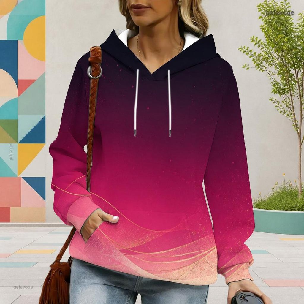 Women Plus Size Colorful Abstract Swirl Printed Long Sleeve Drawstring Hooded Pullover With Kangaroo Pocket