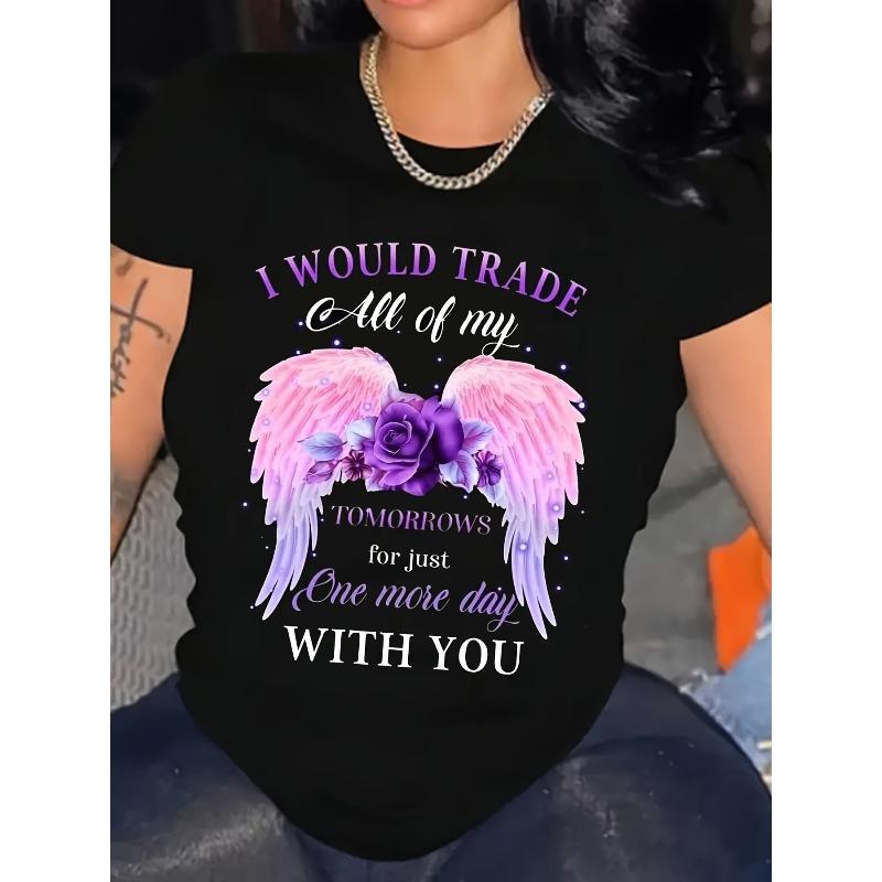

European sizes Women S White T-Shirt - I Would Trade All My Angel Wings with Roses & Soft Glow Graphic Print, Soft Casual Tee 4XL