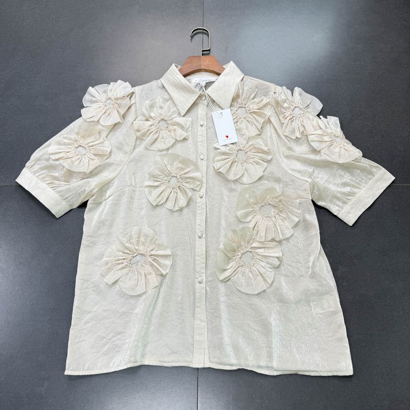 

Foreign Trade out Los Angeles L @ Tiste Pearlescent Gloss Exquisite Three-dimensional Flower Short sleeve Shirts Milky White L