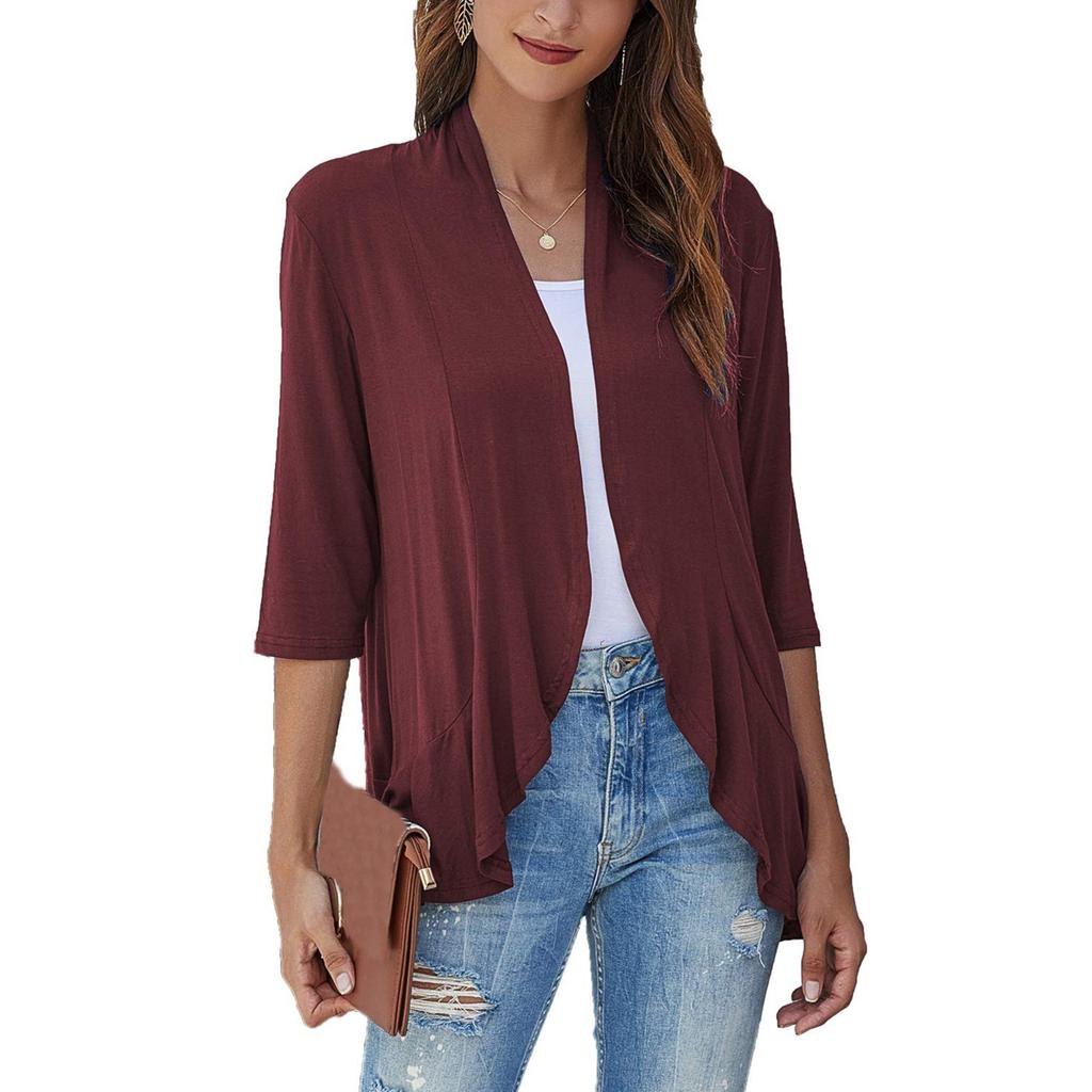 Women's Fashion Casual Seven Minute Sleeve Color Ruffle Cardigan Top