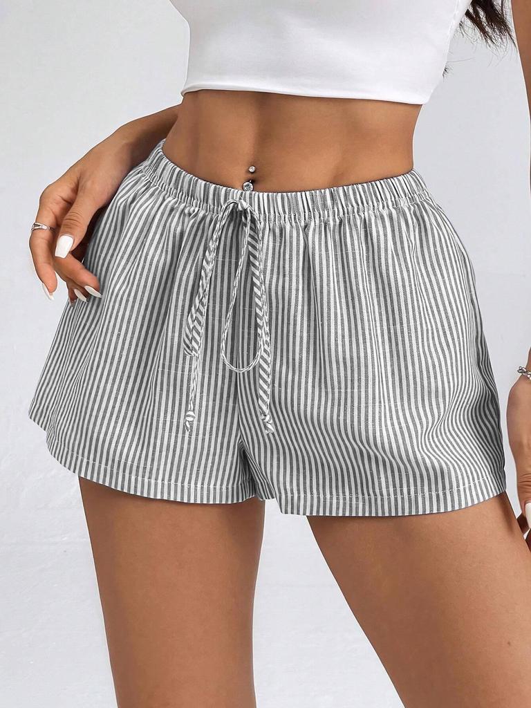 Damen-Sommershorts mit hohem Bund, Streifenmuster und Schnürung, lässig und elegant
