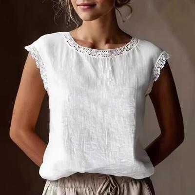 Nuovo Top Estivo da Donna Senza Maniche con Scollo Rotondo e Bordi in Pizzo, Sottile e alla Moda