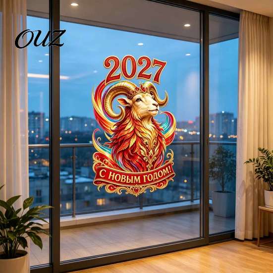 No Glue Glass Decoration Russian New Year Sheep Window Cling 2027, Removable PVC Static Stickers Sticker, Decorative Decal for Home and Office Holiday