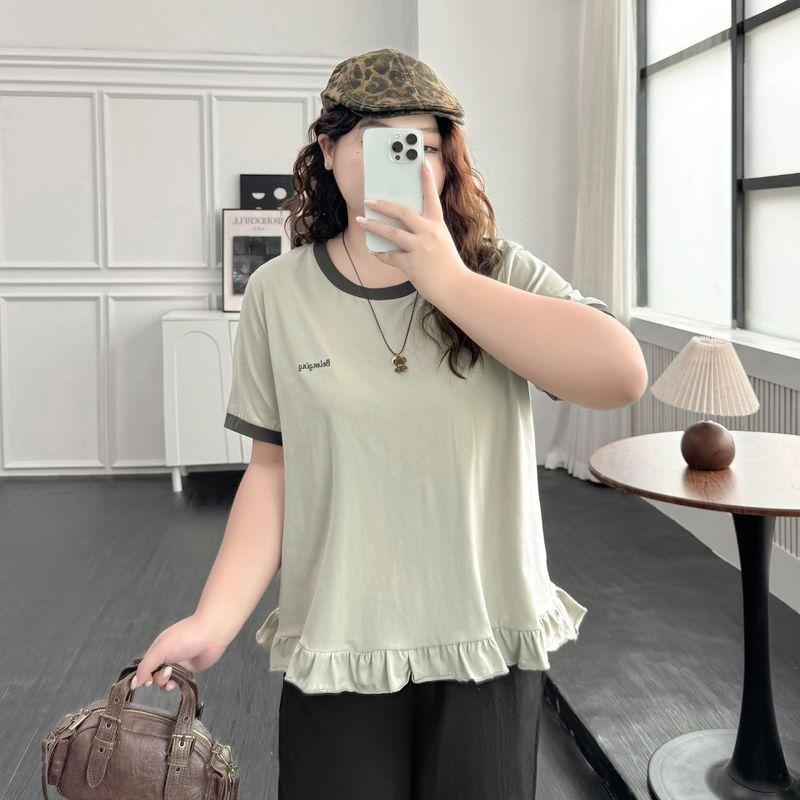 

Plus size women clothing [Cool T] Ice Porcelain Cotton Contrast Color round Neck Letter Embroidery Frill Summer Short sleeve T-shirt Top