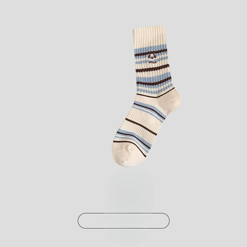 Female Spring and Autumn New Striped Embroidery Dog Breathable in The Tube Cotton Socks
