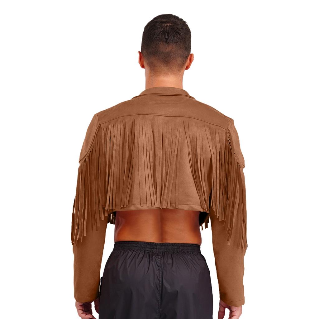 Herren Fransen Wildlederimitat Jacke Cropped Design Reverskragen Langarm Offene Vorderseite Strickjacke 80er Hippie Cowboy Stil
