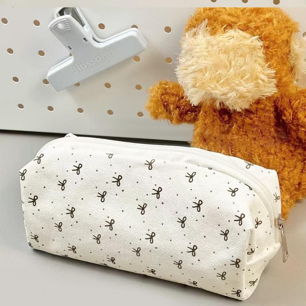 1 Belle Trousse à Crayons en Toile, Trousse à Crayons Créative à Fermeture Éclair Motif Nœud et Organiseur de Bureau, Fournitures Scolaires Essentielles