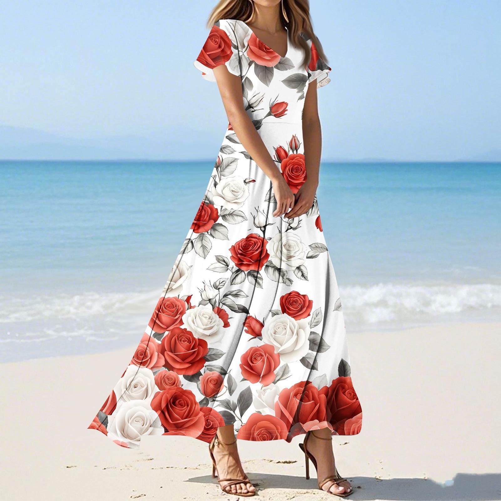 

Women s Casual Fashion Print Long Dresses V-Neck Short Sleeve Dresses S Кіновар