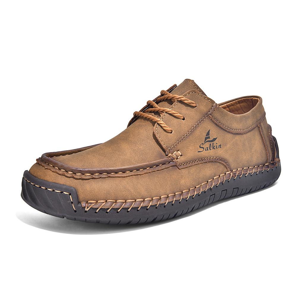 Men's Hand Stitched Casual Leather Shoes Vintage Lace Up Wide Toe Soft Sole Breathable Loafers British Style Driving Shoes