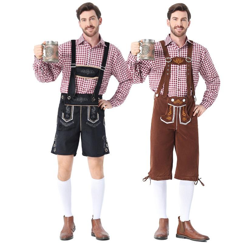 Mens Plaid Shirt Embroidered Bib Pants Munich Oktoberfest Halloween Cosplay Party Costume