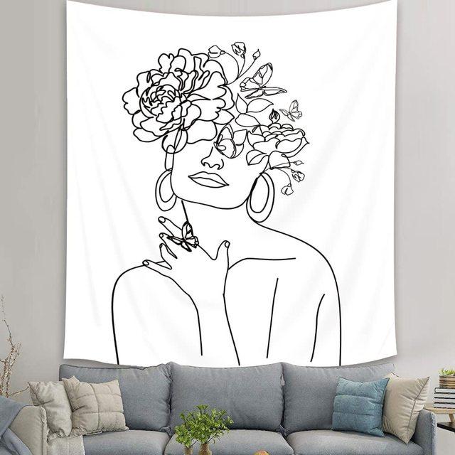 Abstract Woman Tapestry Aesthetic Boho Home Decor Butterfly Fabric Wall Hanging Modern Flower Plant Bedroom Office Decoration