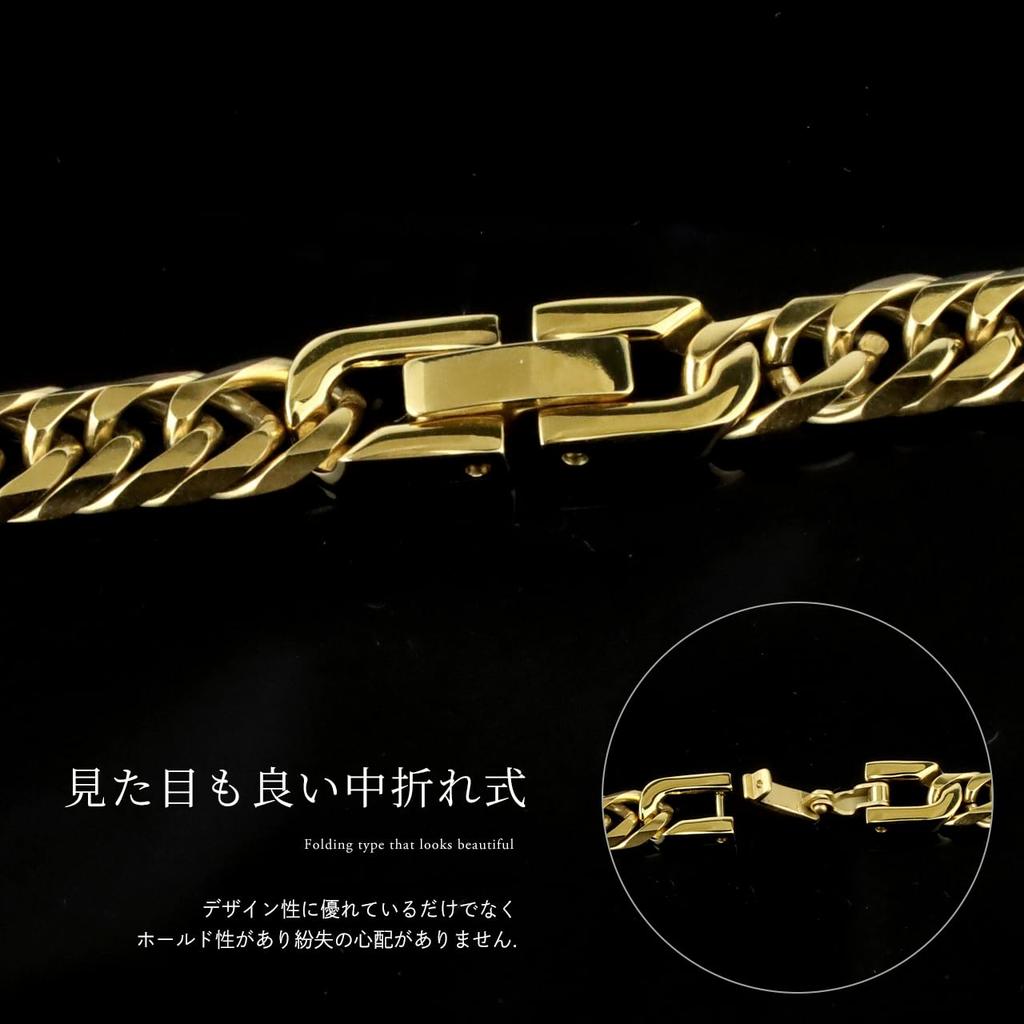 [e-housekiya] Titanium Curb Chain Necklace, Gold, for Men and Women, 50cm, 6.5mm, 6-Sided Double Chain, Hypoallergenic