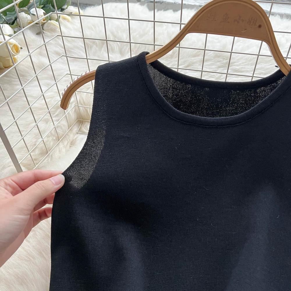 Letní dámský designový černý pletený svetr dvoudílný set krátký top tílko a dlouhá maxi pouzdrová sukně oblek