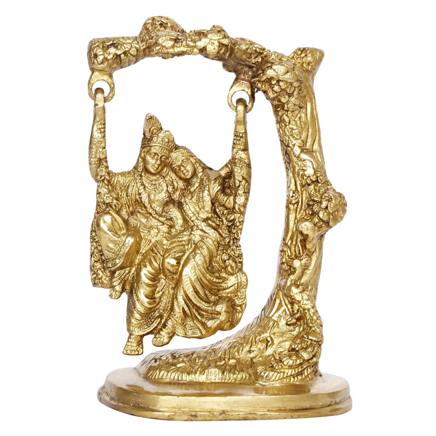 God Radha Krishna Idol On Jhula For Home Decor Gold Color, Brass - 6.5 Inch