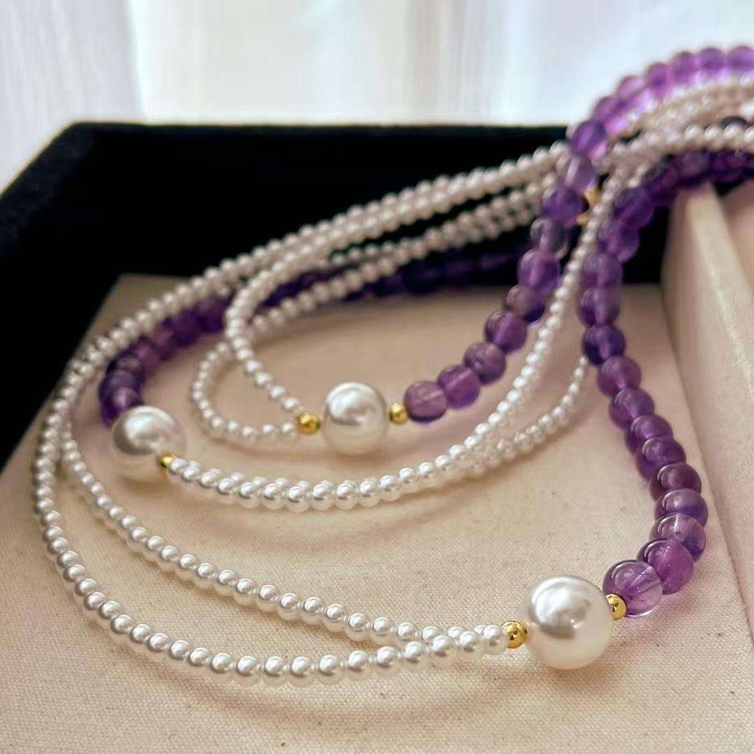 

Vintage Artificial Crystal Pearl Natural Amethyst Design Clavicle Chain Necklace