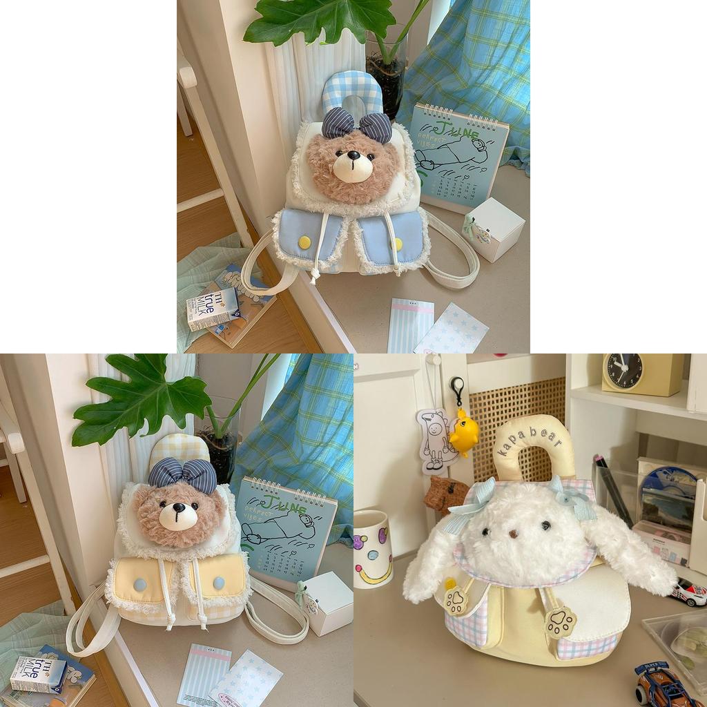 Plush Cartoon Bear Dog Bunny Backpack For Teens With Drawstring Closure And Vintage Details