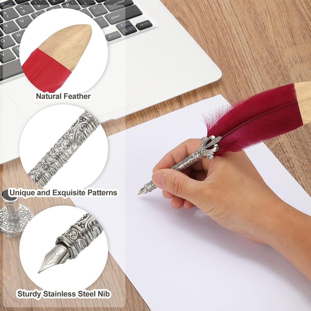 PATIKIL Feather Pen 1 Vintage Feather Calligraphy Fountain Dip Pen Pen Replacement Nibs for Beginner Writing Navy Blue Set, Set, Pen, Set, Ink,