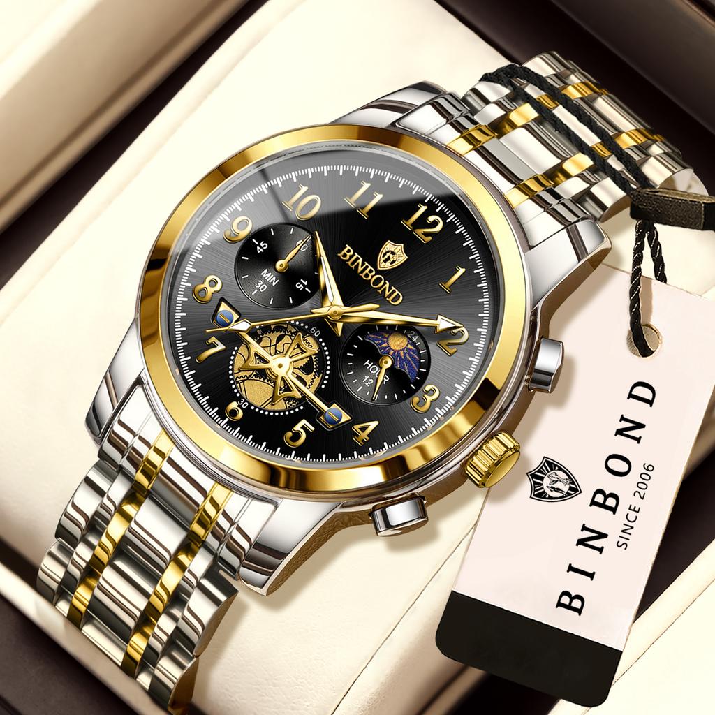 BINBOND Luxury Quartz Watch For Men Vintage Luminous Waterproof Chronograph Men's Watch Business Sport Fashion Casual Reloj+Box