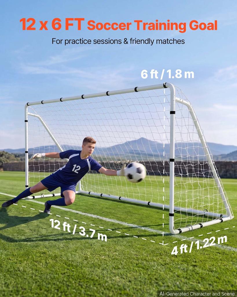 VEVOR Soccer Goal 3.66 x 1.83 m Soccer Goal for Backyard with Iron Frame PE Net, Portable & Durable Set, High-Strength Net, Ground Stakes, Straps