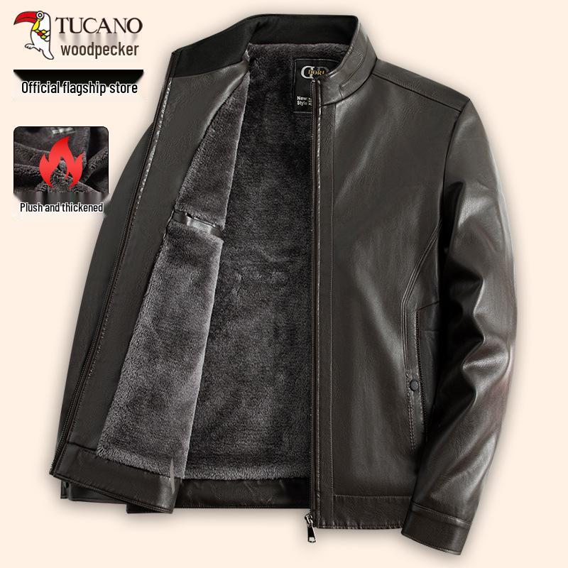 

Woodpecker Men s Leather Jacket - Middle-aged & Senior Spring Festival Plus Velvet Thick Casual Outerwear 190