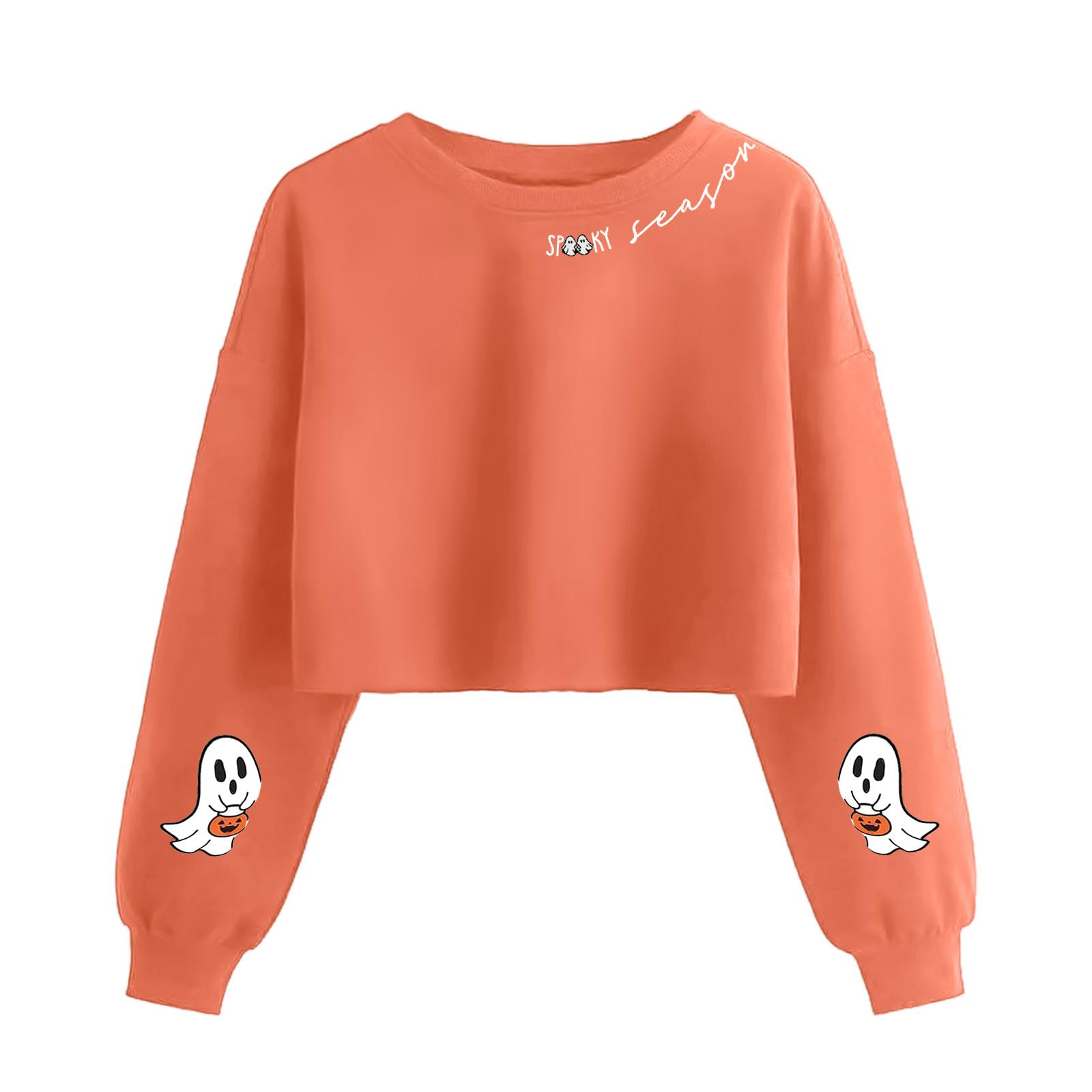 

Женский модный пуловер с длинными рукавами и жутким принтом на Хэллоуин, открывающий живот M