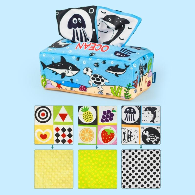 Tissue Box Toddler  Toy Babies Sensory Toy with Crinkle Paper & Rainbow Dance Scarves Infants Learning Toy