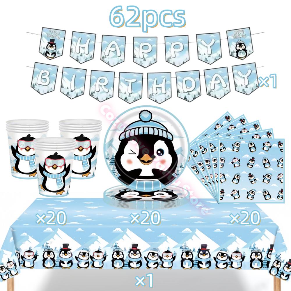 Penguin Theme Birthday Party Supplies Penguin Winter Xmas Banner Cup Plate Balloons For Kids Baby Shower Favor Gifts Photo Props